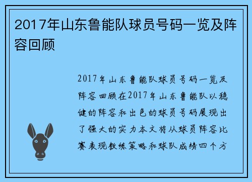 2017年山东鲁能队球员号码一览及阵容回顾