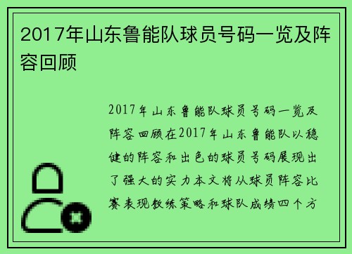 2017年山东鲁能队球员号码一览及阵容回顾